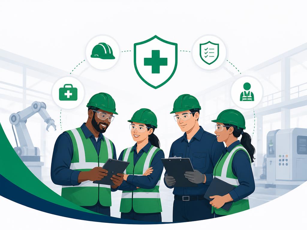 Equipe de profissionais com equipamentos de proteção individual em ambiente industrial, representando a gestão de segurança e saúde do trabalho