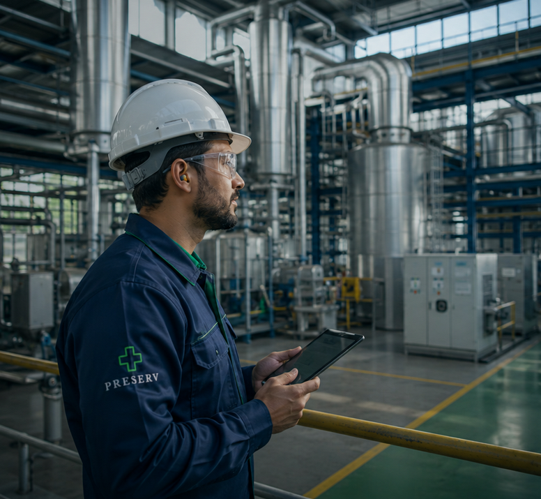 Profissional da PRESERV com equipamentos de proteção individual realizando inspeção de segurança do trabalho em ambiente industrial